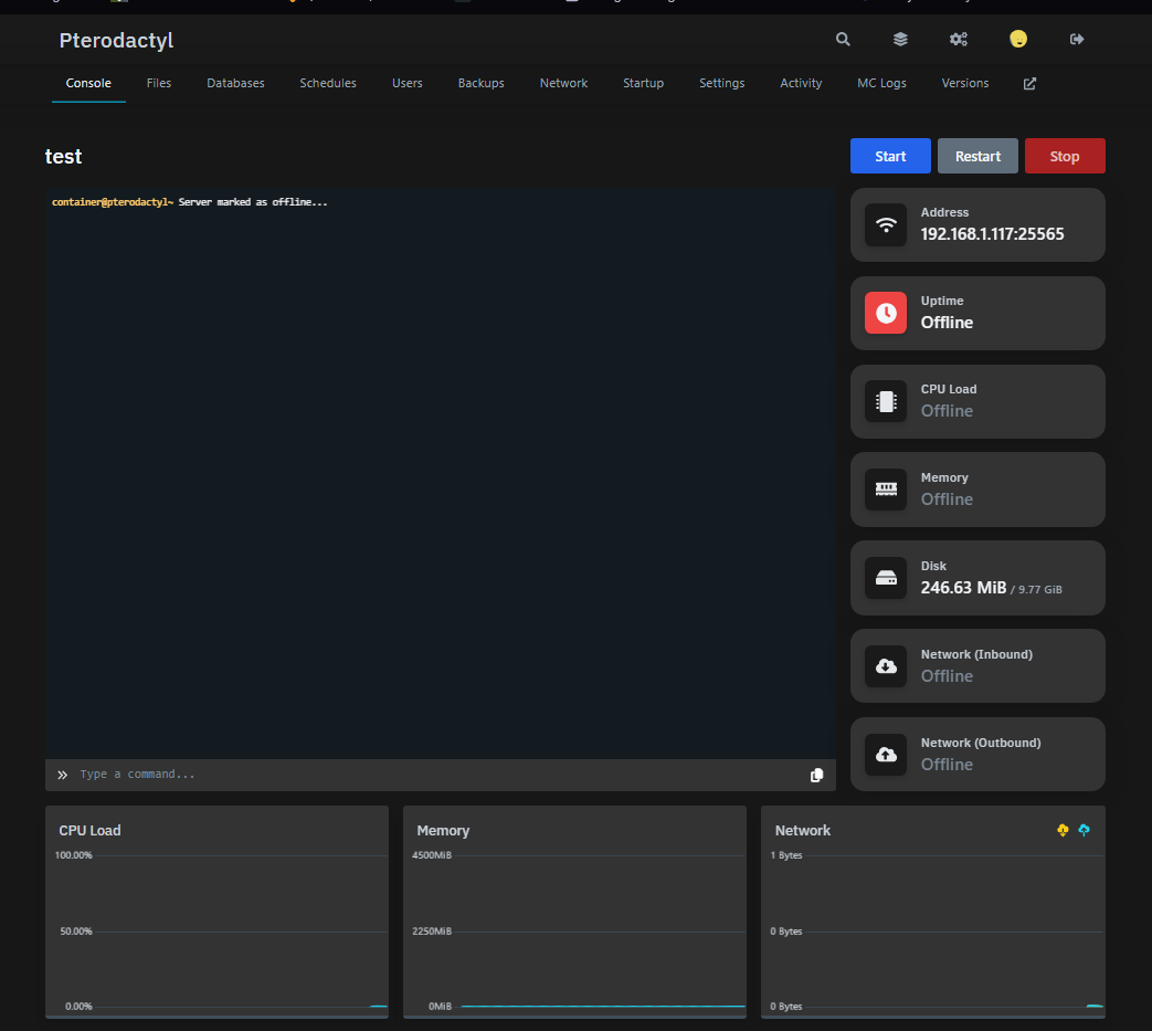 Pterodactyl console and power controls screenshot